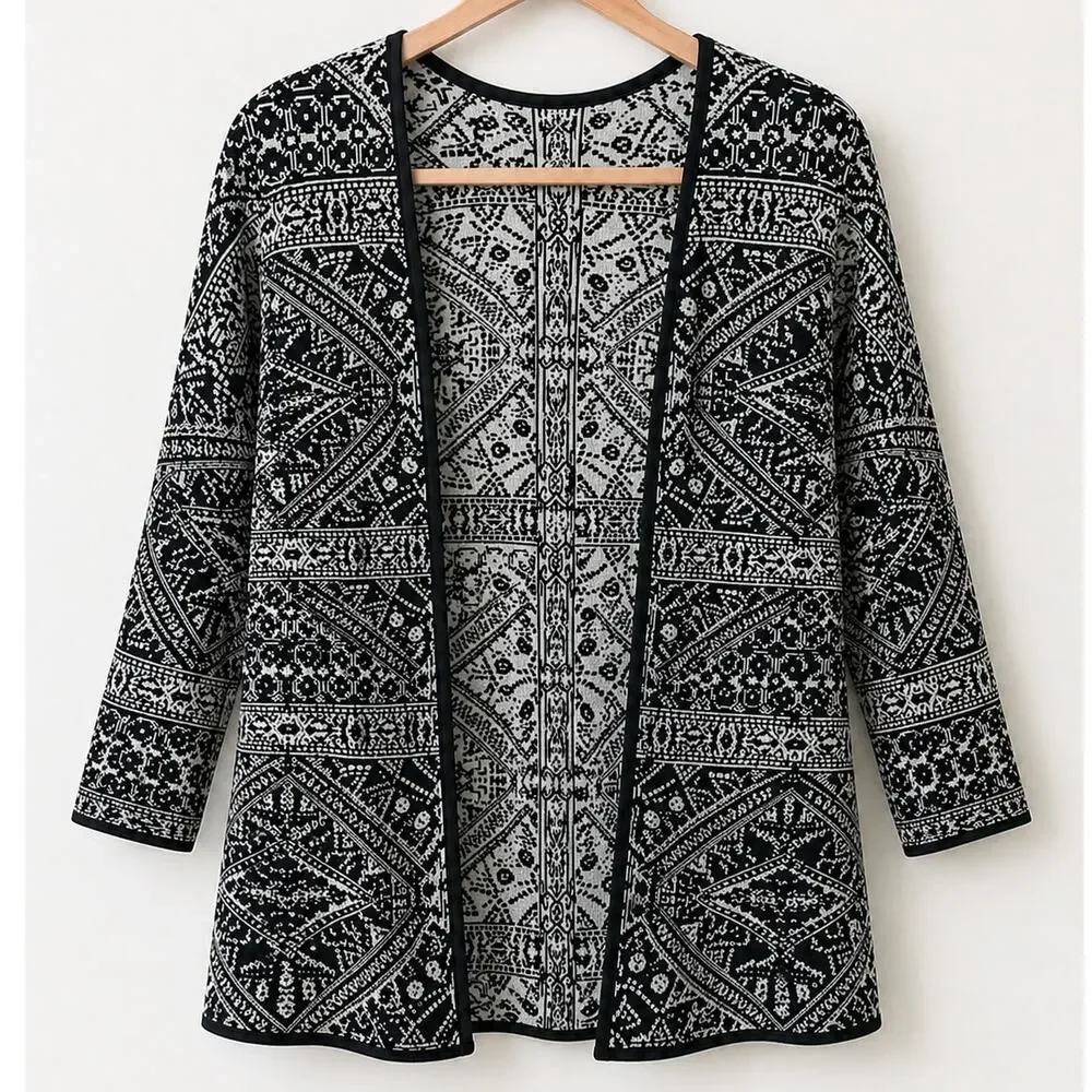 Chico’s Navy Blue White Print Cotton Open Front Cardigan 3/4 sleeve Size 2 M/L